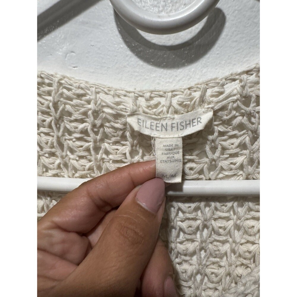 Eileen Fisher Cream Open Knit V-Neck Sweater medium 3/4 Sleeve High-Low Pullover - Picture 5 of 8